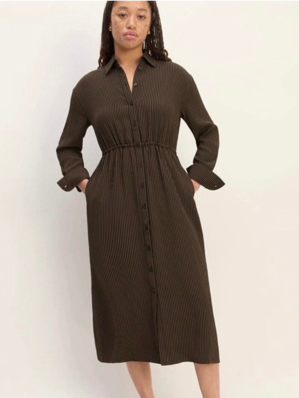 Everlane Mini Jacquard Stripe Shirt Dress Brown Button-Down Midi Size M
